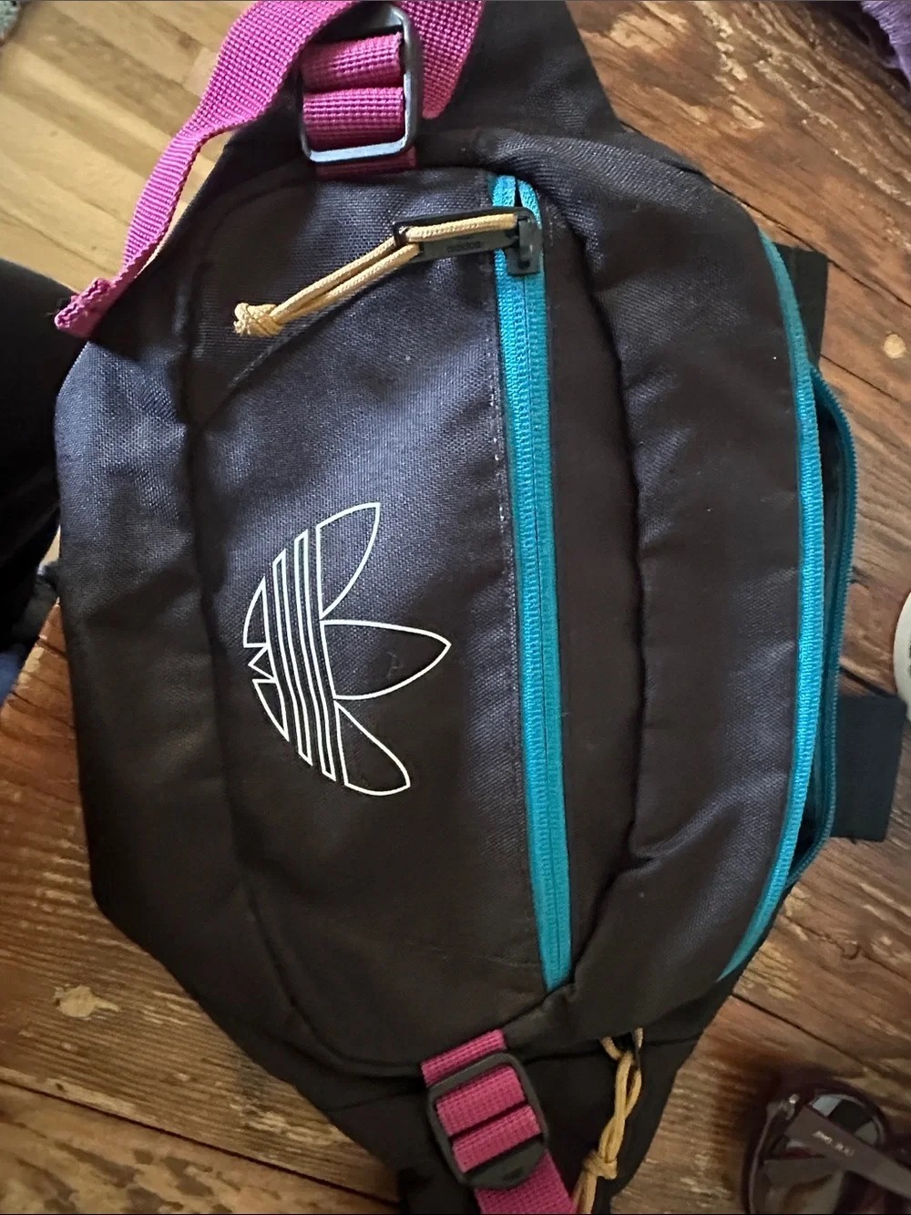adidas Black Crossbody Sling Bag with Teal Zippers and Magenta Strap